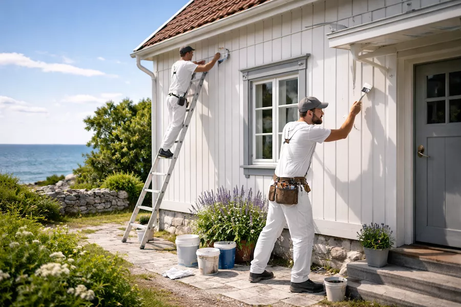 Fasadmålning av trähus på Gotland i kustnära miljö – två målare i arbete mot havsutsikt med penslar och färgburkar. Filnamn: fasadmalning-gotland-trahus-kustmiljo