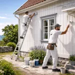 Fasadmålning av trähus på Gotland i kustnära miljö – två målare i arbete mot havsutsikt med penslar och färgburkar. Filnamn: fasadmalning-gotland-trahus-kustmiljo